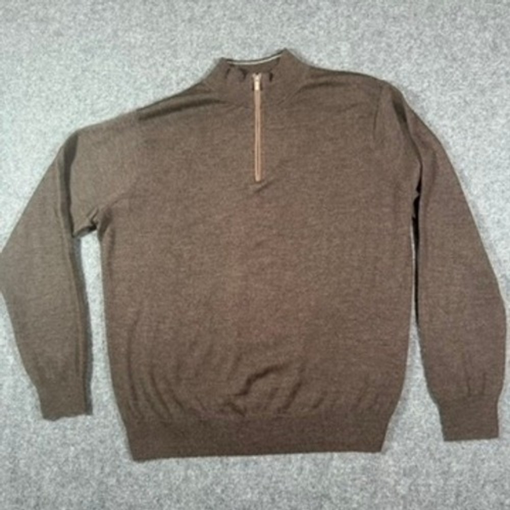 Peter Millar Mens‎ Autumn Crest Brown Merino Wool Lyocell Quarter Zip Sweater L